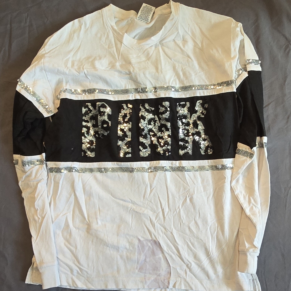Victoria's Secret White and Black Sequin Long Sleeve Tee